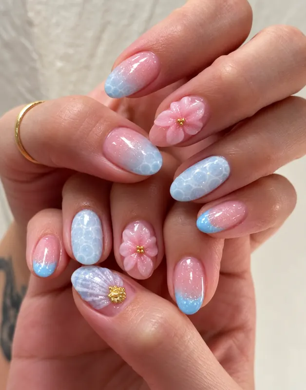 Rosa und hellblaue Nägel mit Muster, 3D-Blüten und Perlen
